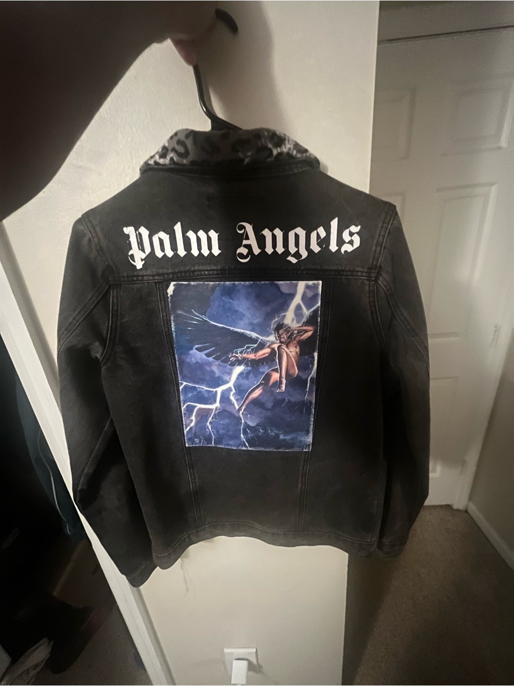 Palm Angels Black Washed Denim Jacket with Leopard Lining